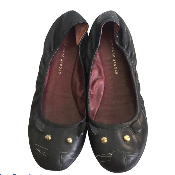 MARC JACOBS Black Leather Cat Ballet Flats 9 - Picture 1 of 13